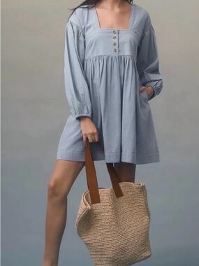 Anthropologie Denim Babydoll Dress Squareneck XS S